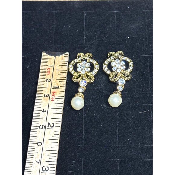 Gold Tone Crystal Pearl Dangle Earrings - Picture 4 of 7